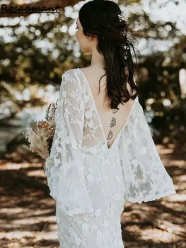 Богемные свадебные платья с длинными расклешенными рукавами, иллюзия Русалки, кружевные свадебные платья с 3D-аппликациями и открытой спиной.