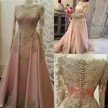 14984 # Элегантное Золотое кружевное вечернее платье с аппликацией из розового тюля с круглым вырезом и кристаллами, украшенное бисером, вечернее платье для вечеринок, robe de soiré