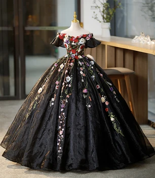 17107 # Черное Пышное платье с Коротким рукавом и Открытыми плечами в цветочек, Классическое Элегантное Вечернее платье, Вечернее платье для выпускного вечера