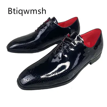 черная роскошная мужская обувь с острым носком, черные туфли-лодочки из лакированной кожи с резьбой для мужчин, оксфордские лоферы