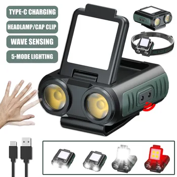 Зажим для крышки фары со светодиодным датчиком, белый, красный, свет, встроенный аккумулятор типа C, перезаряжаемый головной фонарик для кемпинга, рыбалки