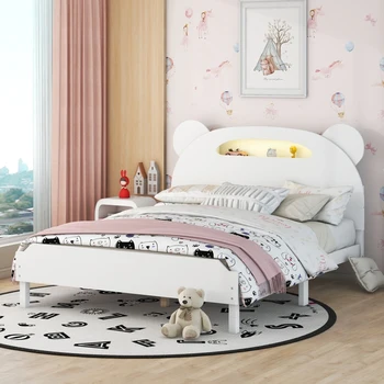 Полноразмерная Деревянная кровать-платформа с изголовьем в форме Медведя, Кровать с ночниками, активируемыми движением, Белый