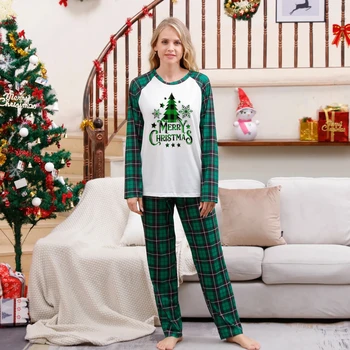 Для папы, мамы, детей, семьи, подходящие Рождественские пижамы в зеленую клетку с длинными рукавами и принтом Рождественской елки, Пижамы для мамы, дочки, папы и меня