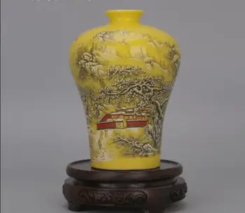 Китайская ваза из желтого фарфора Famille Rose с рисунком Снежного пейзажа Цин Тунчжи 6.20 