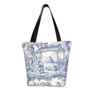 Toile De Jouy Темно-синяя сумка для покупок с рисунком, моющаяся холщовая сумка для покупок, классическая сумка во французском стиле