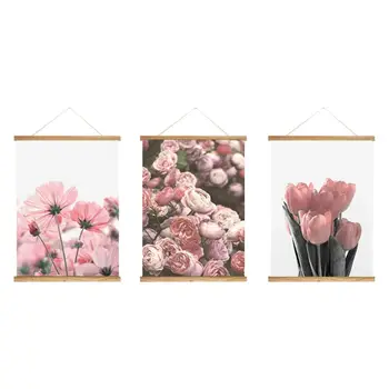 Подвесной плакат на 3 панели в деревянных рамах - Розовые цветы - Готовый к повешению Декоративный рисунок на стену - 18 