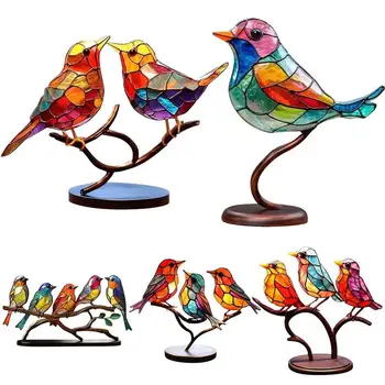 Птицы из витражного стекла, устойчивые и долговечные Акриловые разноцветные птицы на ветке, настольные украшения на деревянной основе для спальни