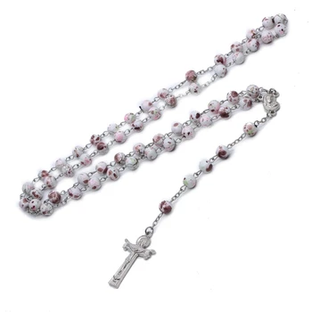 Католические стеклянные бусины в крапинку, ожерелье-четки для женщин, подвеска в виде креста, длинные цепочки, Модные украшения для религиозных вечеринок, подарок