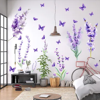 Фиолетовые декоративные наклейки с цветами-бабочками, наклейки для украшения стен дома