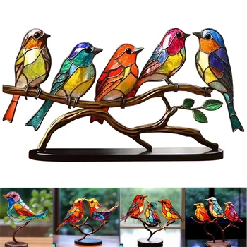 Витражные птицы на ветке, настольные украшения, двухсторонние разноцветные птицы, украшения для дома, металлические панели с птицами, серия Crafts Art